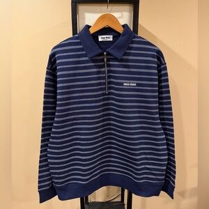 Miu Miu SS25 Quarter Zipper Stripe Blue Polo Sweatshirt